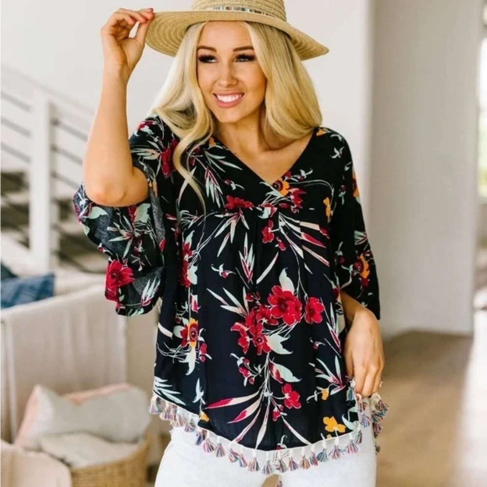 {KORI America} Floral V-Neck Top - Multicolor With Tassles